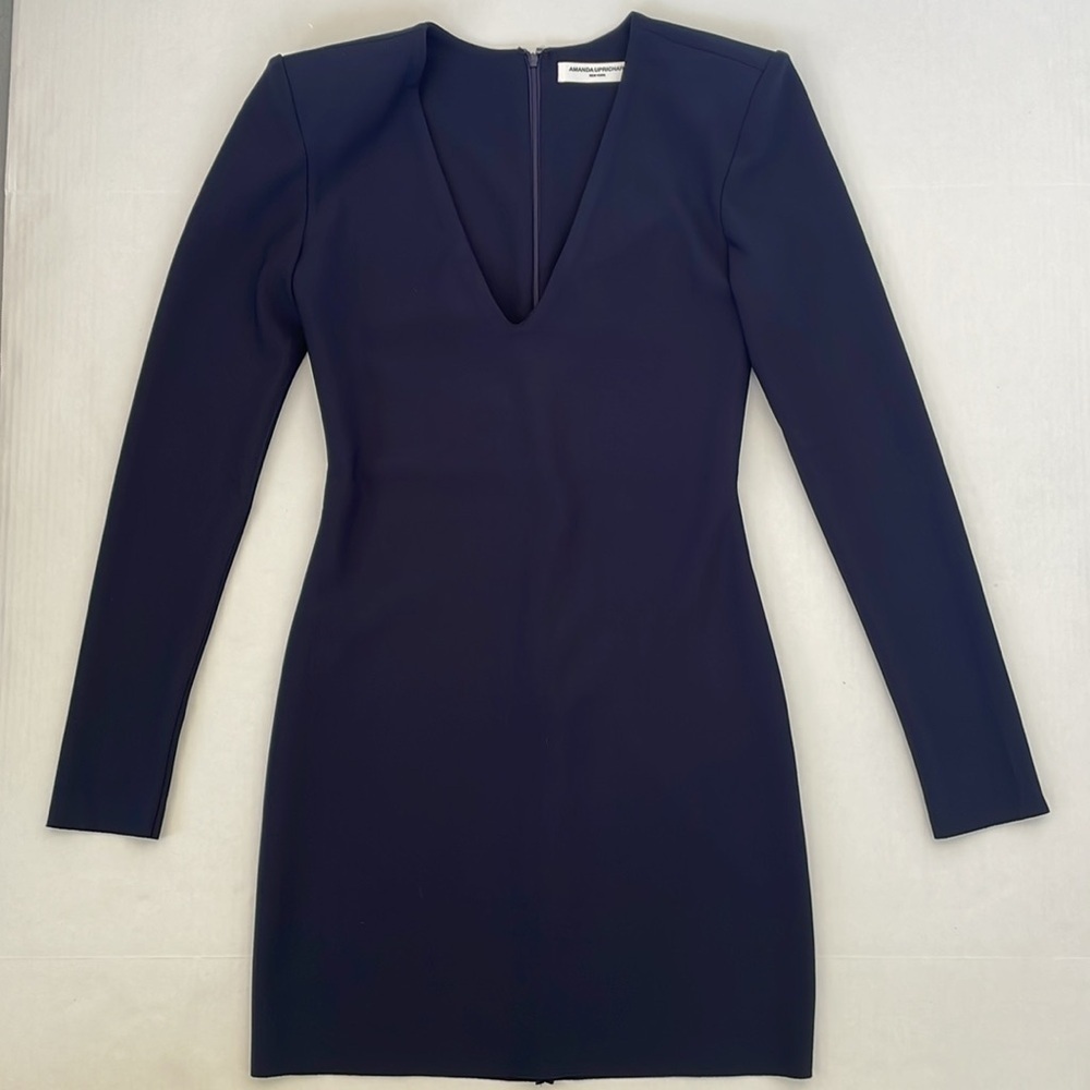 Amanda Uprichard Revolve Navy Blue Long Sleeve Raw Hem Dress Shoulder Pads Small